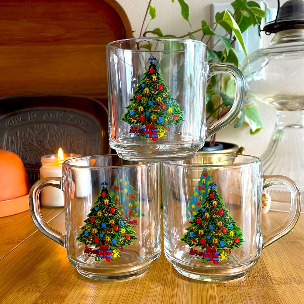 🎄 Luminarc Holiday Magic Christmas Tree Glass Mugs Vintage Set of 3